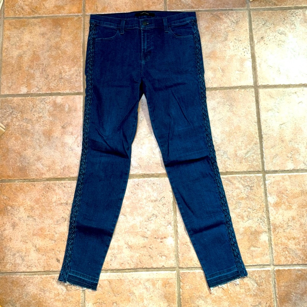 J Brand mid rise skinny denim with braid detail